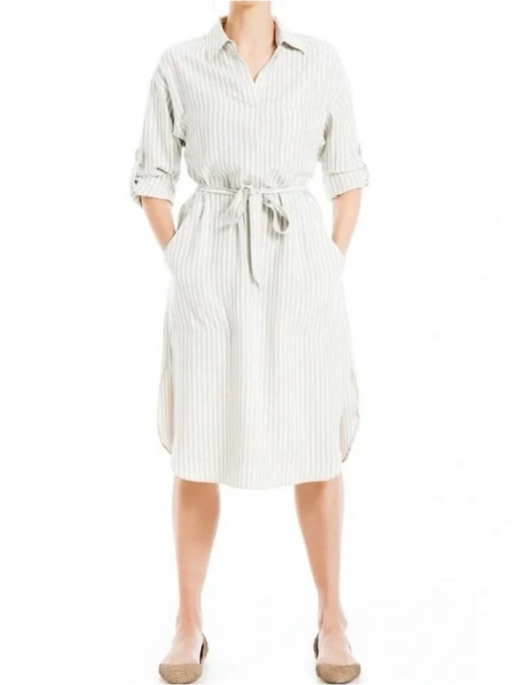 Max Studio Cream and Light Gray Striped Tie-Waist Shirt Midi Dress